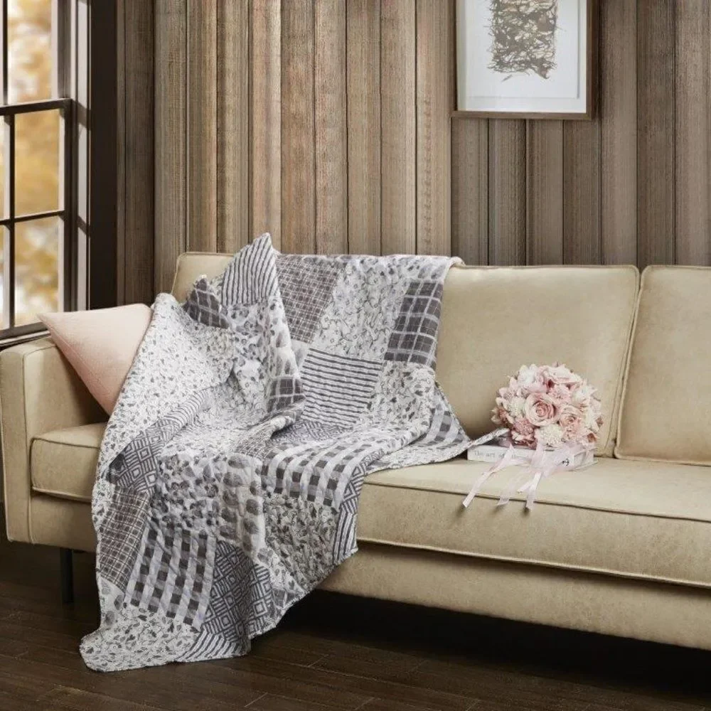 Farmhouse Gray Patchwork Printed Quilted Throw Country Cottage Shabby Chic